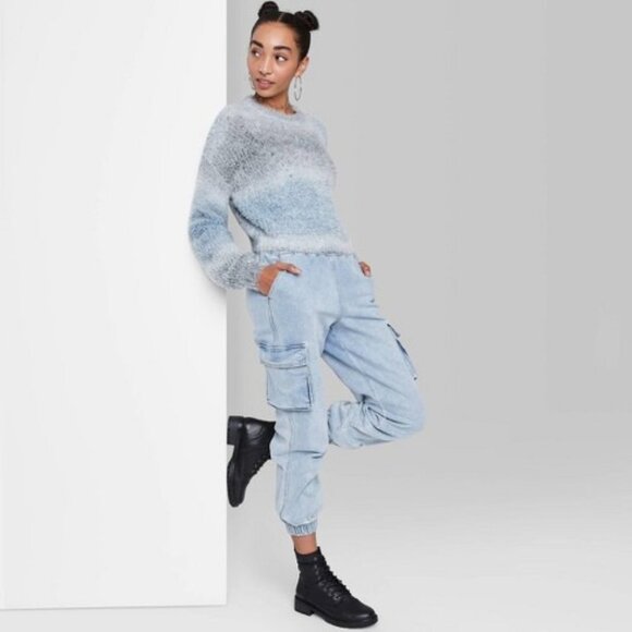 Wild Fable Sweater Fuzzy Pullover Cropped Spacedye Blue Knit Womens - Picture 3 of 7